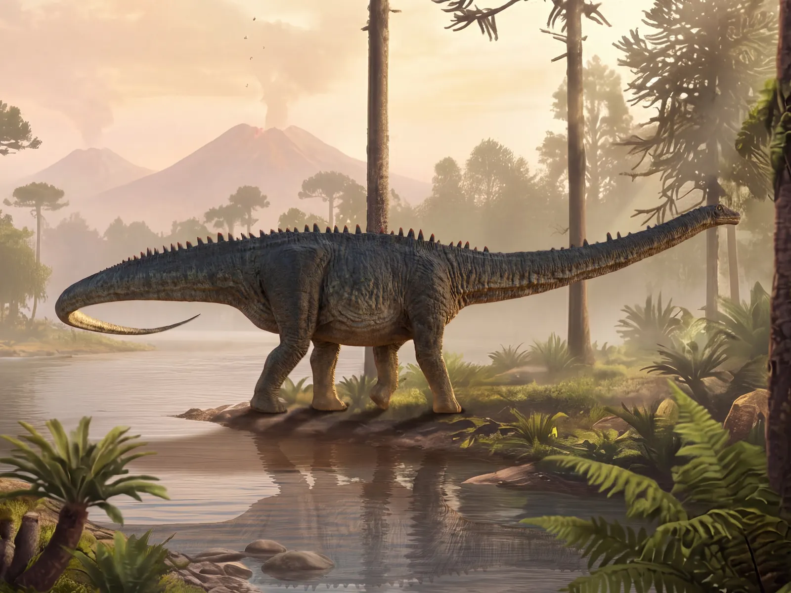 Diplodocus am Ufer eines Flusses in einer Jura-Landschaft