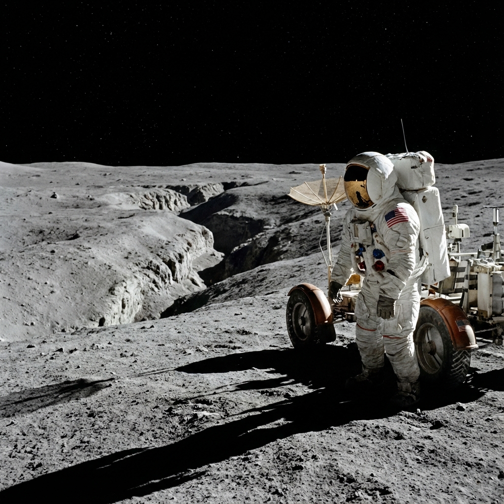 Apollo 15 Astronaut auf dem Mond neben der amerikanischen Flagge