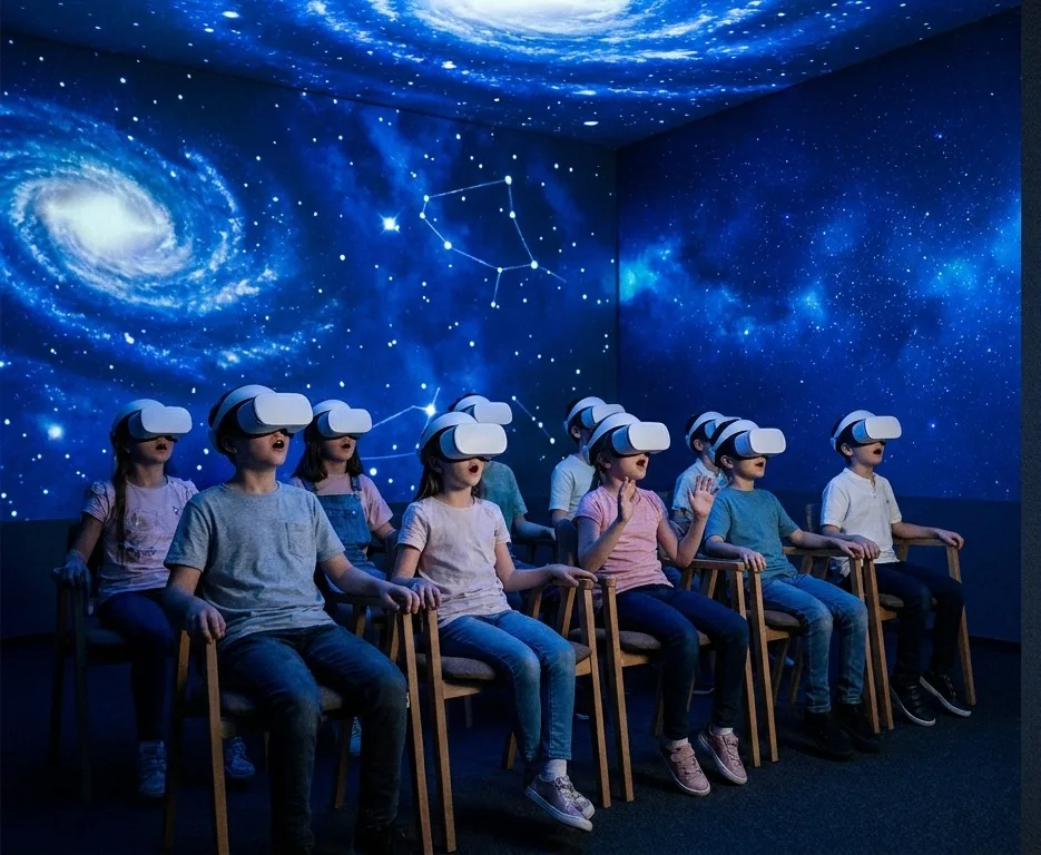 Schulklasse sitzt mit VR-Brillen in der Ausstellung unter Weltraum-Projektionen