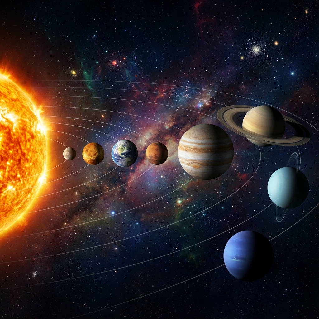 Realistisches 3D-Modell des Sonnensystems mit Sonne und Planeten
